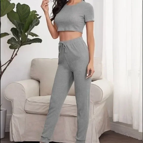 Rib Knit Cropped Top PJ/Lounge Set     - Picture 4 of 4